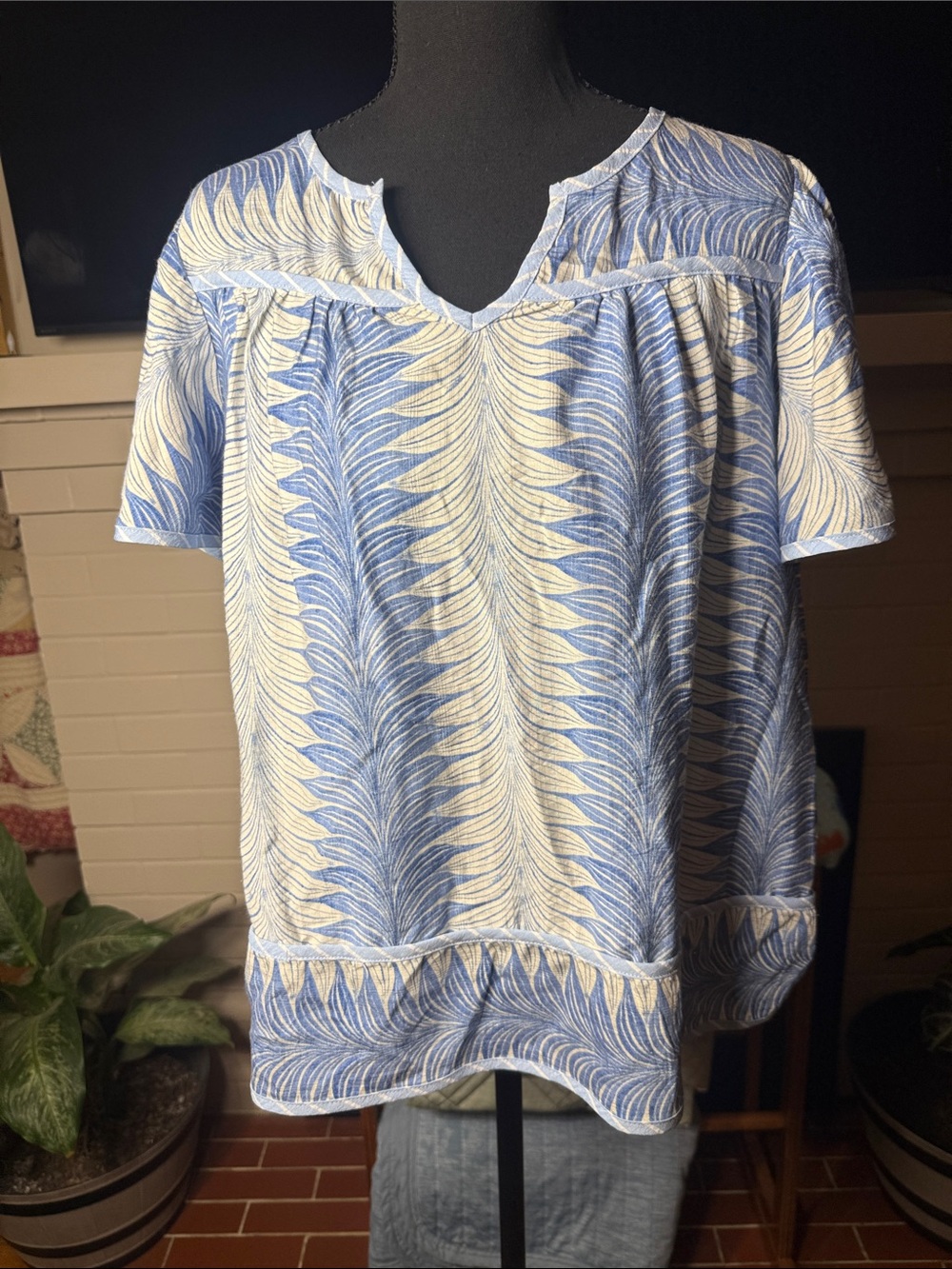 Blue and Cream Feather-Print Short Sleeve Women’s Blouse